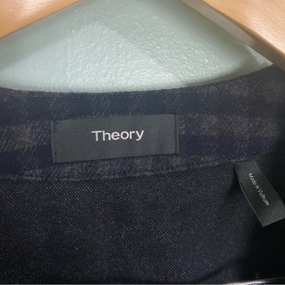 Theory Slit‎ Cardigan Gingham Navy Gray Sweater Sz L - Picture 3 of 7